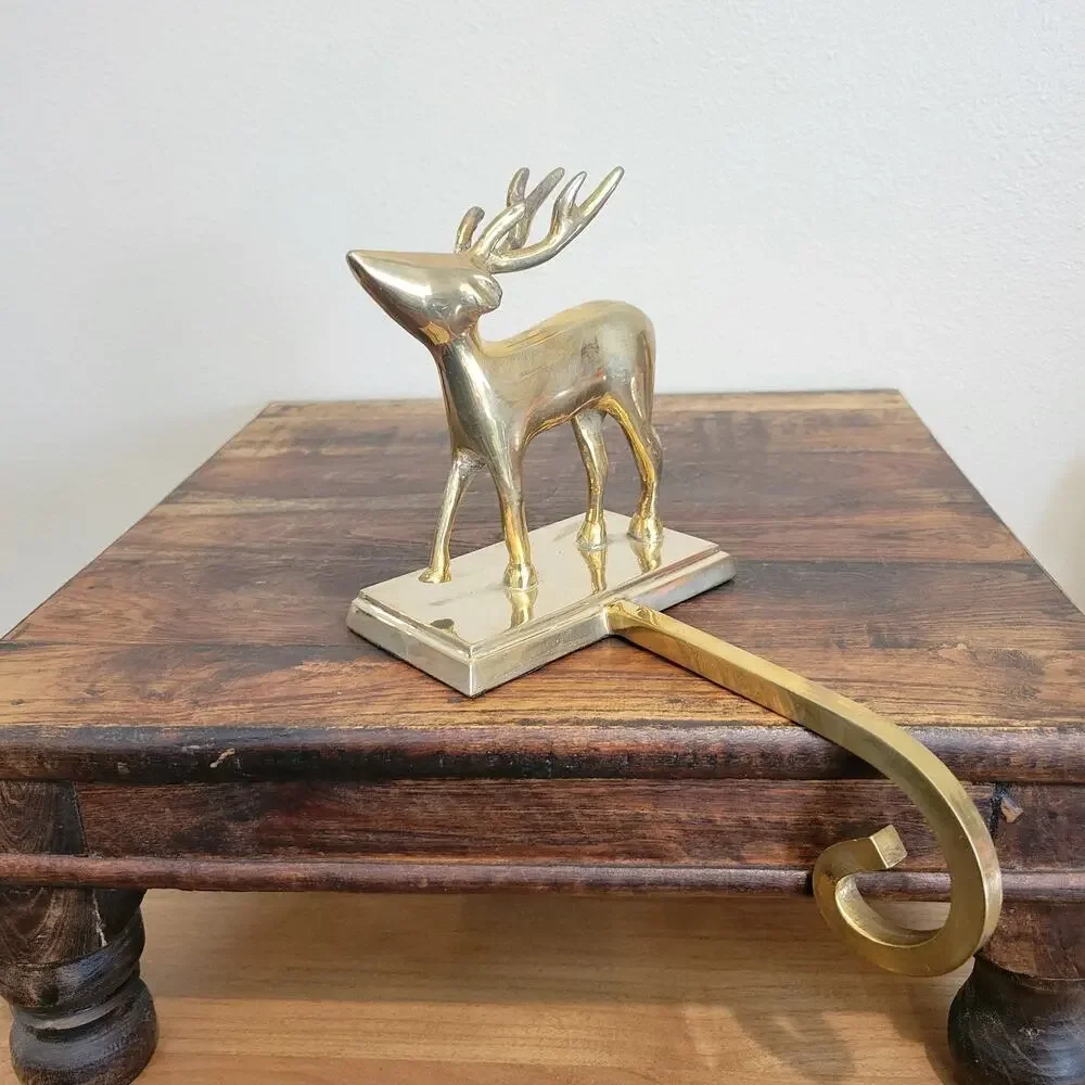Vintage Brass Reindeer Stocking Hanger Long Arm Heavy Mantel Hook Stag 5.75